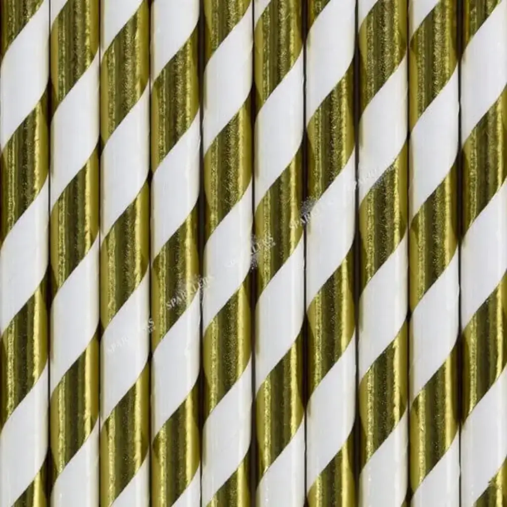 10 gouden papieren rietjes met witte strepen