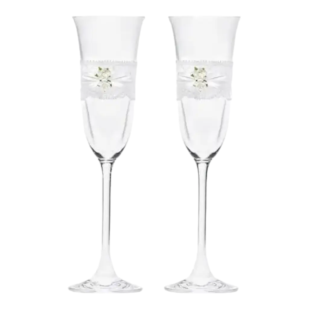 Set van 2 champagneglazen met kant en witte roos