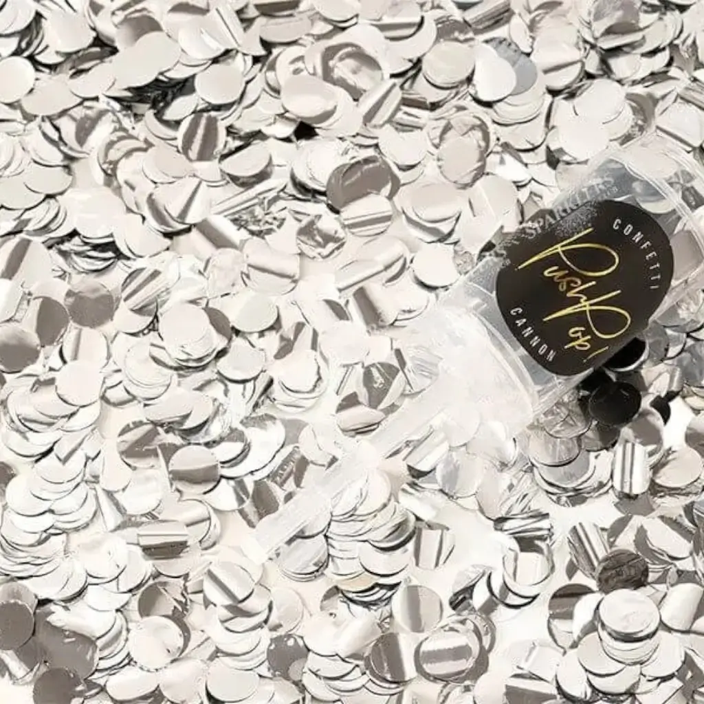 Zilveren push pop confetti