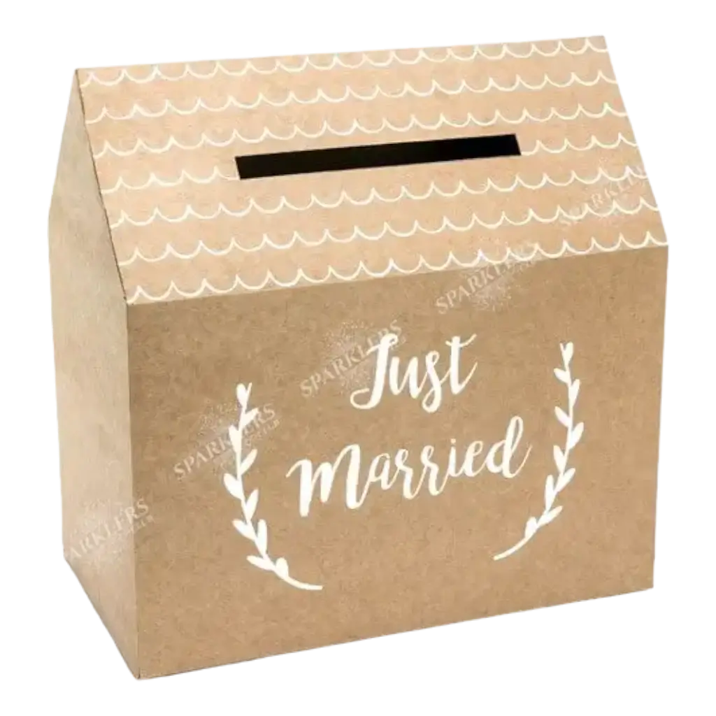 urn van kraftpapier met de inscriptie "Just Married".