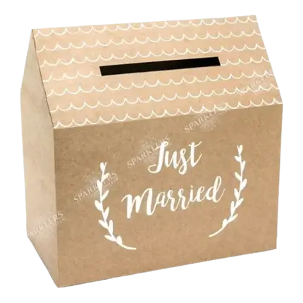 urn van kraftpapier met de inscriptie Just Married.