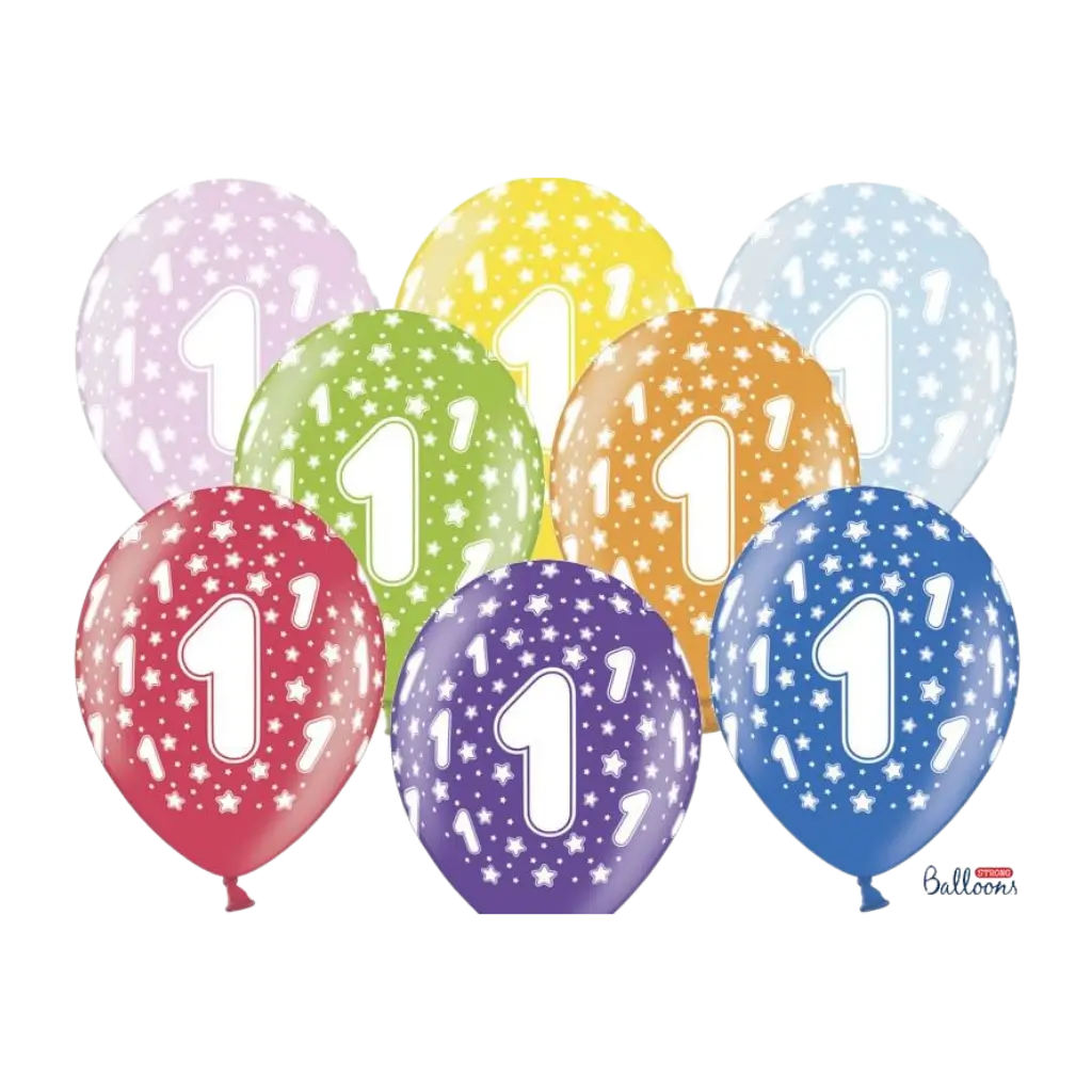 Veelkleurige ballonnen met "1" inscriptie (Set van 6)