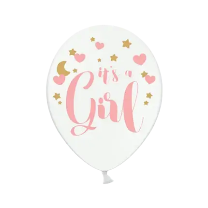 Set van 6 witte ballonnen met het opschrift It's a Girl.