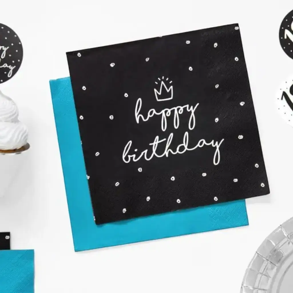 Set van 20 zwarte Happy Birthday papieren servetten