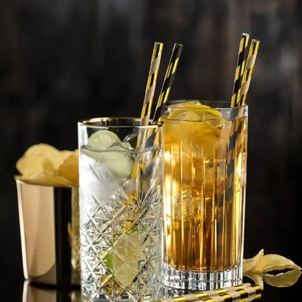 Papieren rietje gestreept Goud/Zwart20cm /ø6mm (250 stuks)