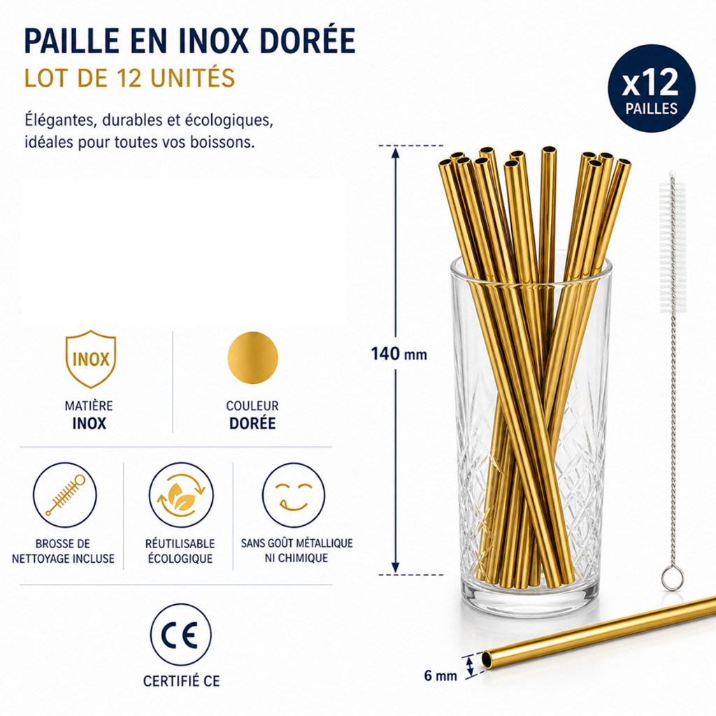 Herbruikbaar roestvrij stalen rietje Goud 14cm /ø6mm (12st)