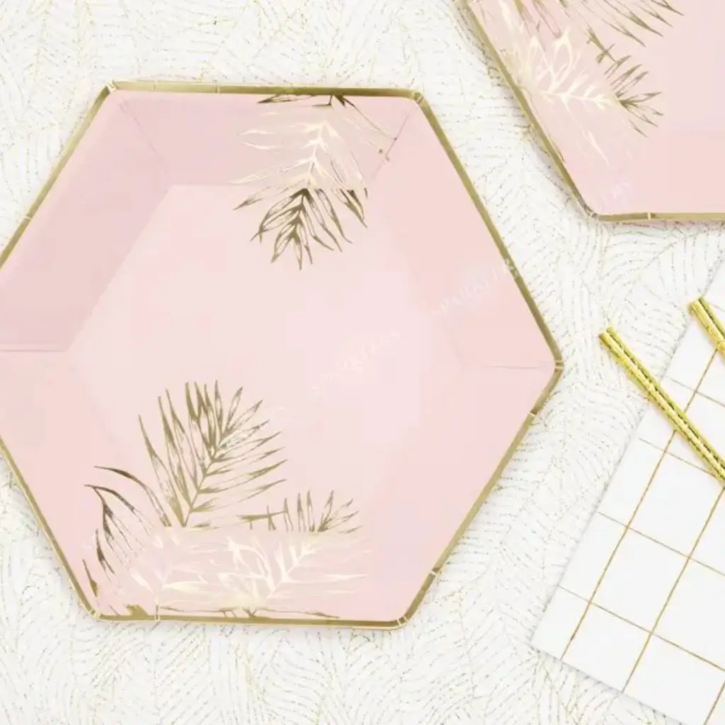 Roze papieren bord met bladgoudmotief (set van 6)