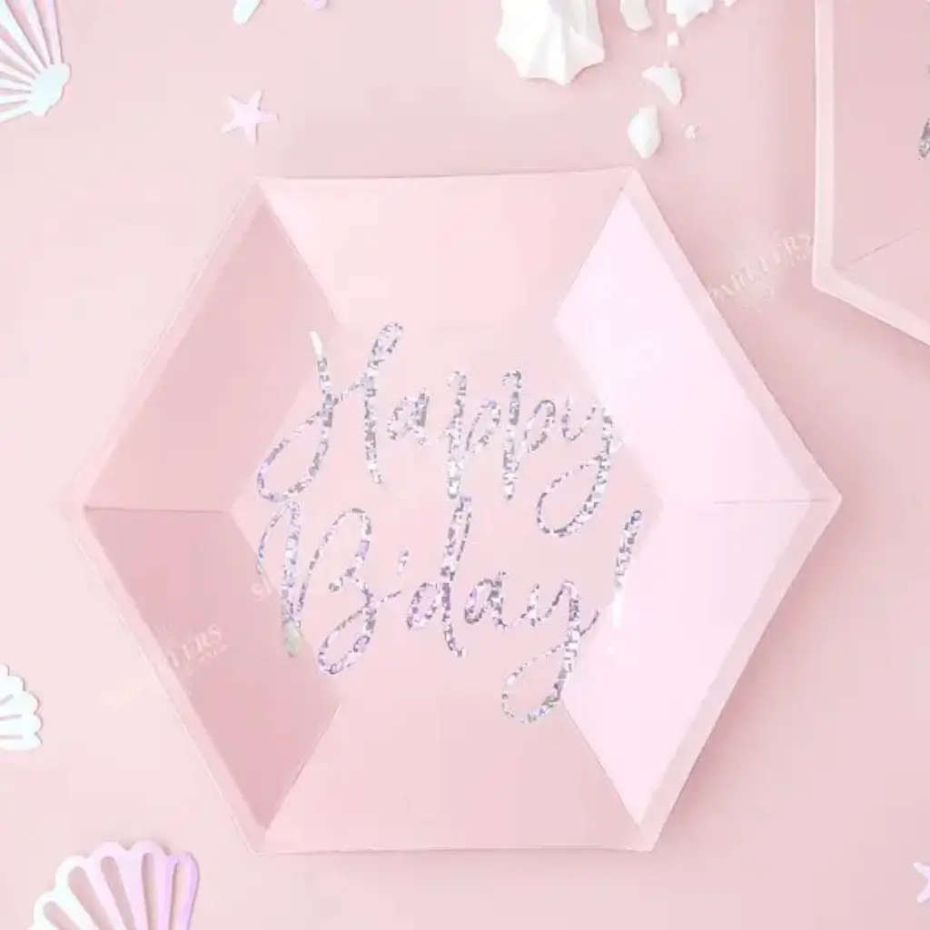 Roze iriserende Happy Birthday papieren bord (set van 6)