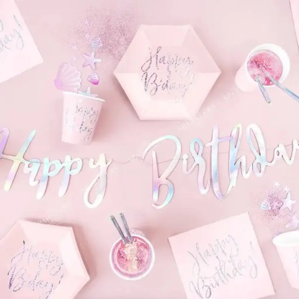 Roze iriserende Happy Birthday papieren bord (set van 6)