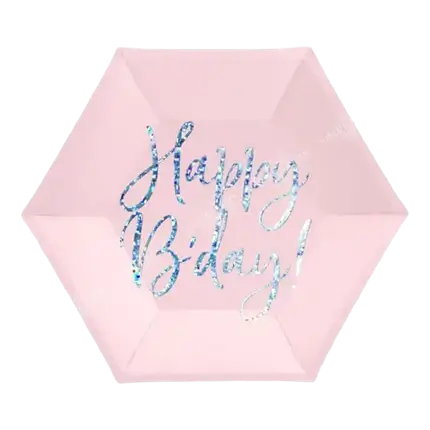 Roze iriserende Happy Birthday papieren bord (set van 6)