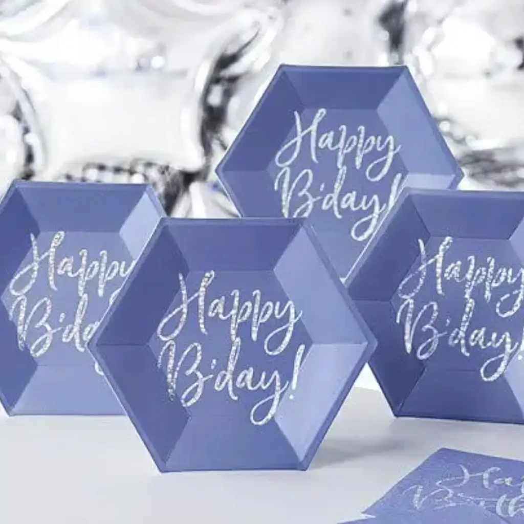 Blauw papieren bordje Gelukkige Verjaardag (Set van 6)