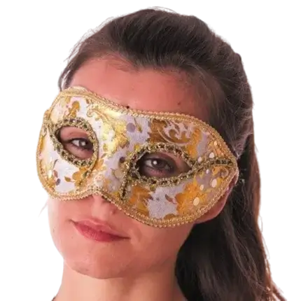 Wit Venetiaans masker met gouden inscriptie