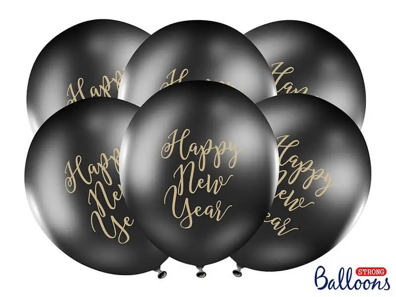 Set van 6 zwarte Gelukkig Nieuwjaar ballonnen
