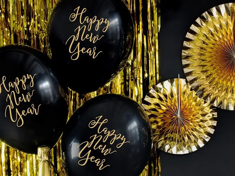 Set van 6 zwarte Gelukkig Nieuwjaar ballonnen