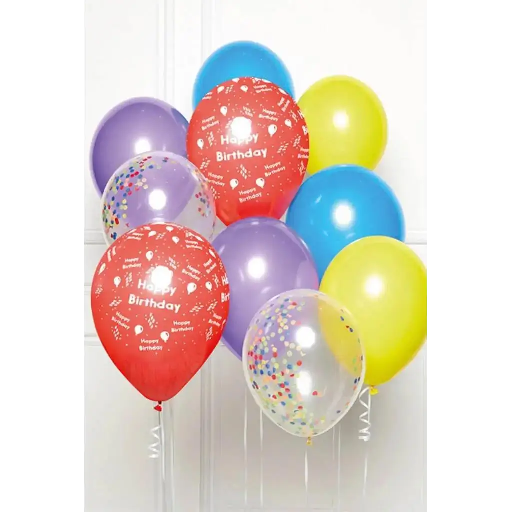 Tros van 10 veelkleurige Happy Birthday ballonnen