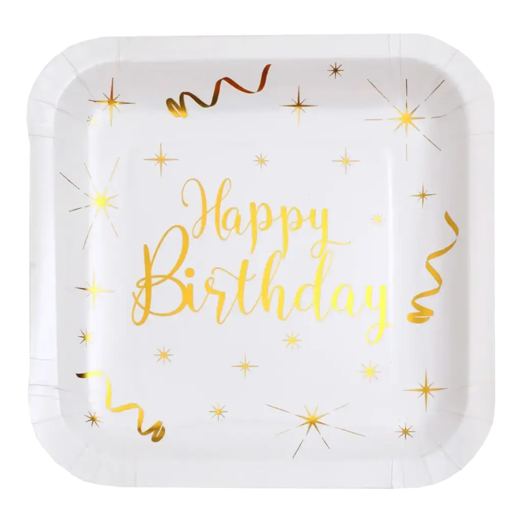 Happy Birthday Vierkant Bordje Goud/Wit (Set van 10)