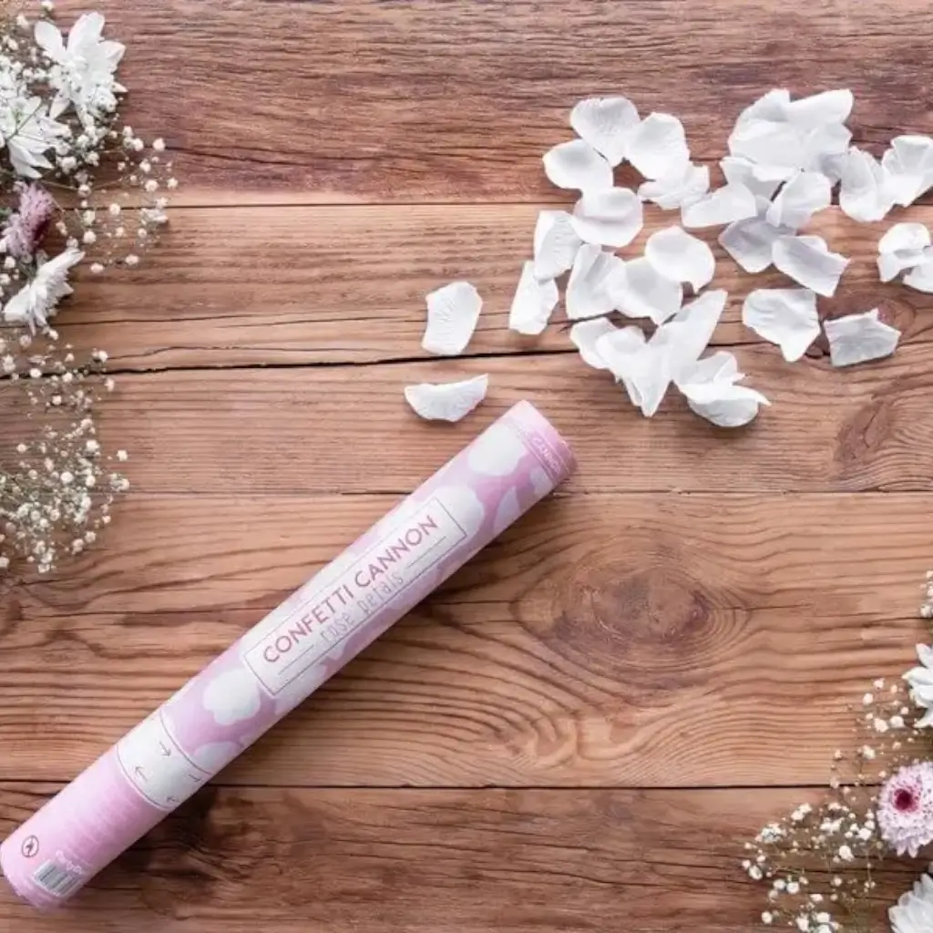 40cm confetti kanon roze bloemblaadjes wit