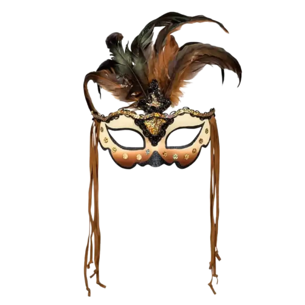 Venetiaans masker met beige en bruine veren en koorden