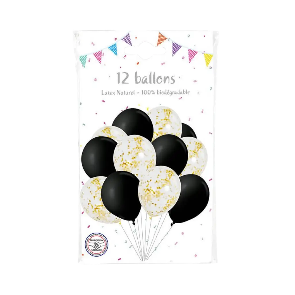 Set van 6 Gouden Metalen Confetti Ballonnen & 6 Zwarte Ballonnen - 30cm