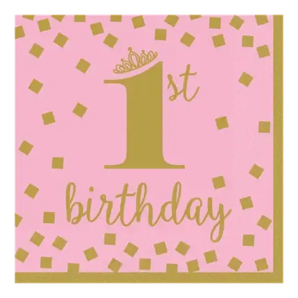 1e Verjaardag Roze en Gouden Servet (Set van 16)