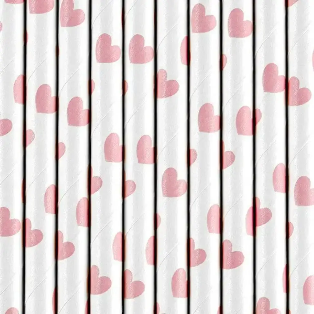 Witte papieren rietjes met roze hart ontwerp - PARTIJ VAN 10
