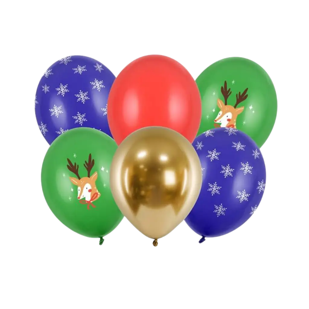 Set van 6 bedrukte kerstballonnen - Blauw/Groen/Rood/Goud - 30cm