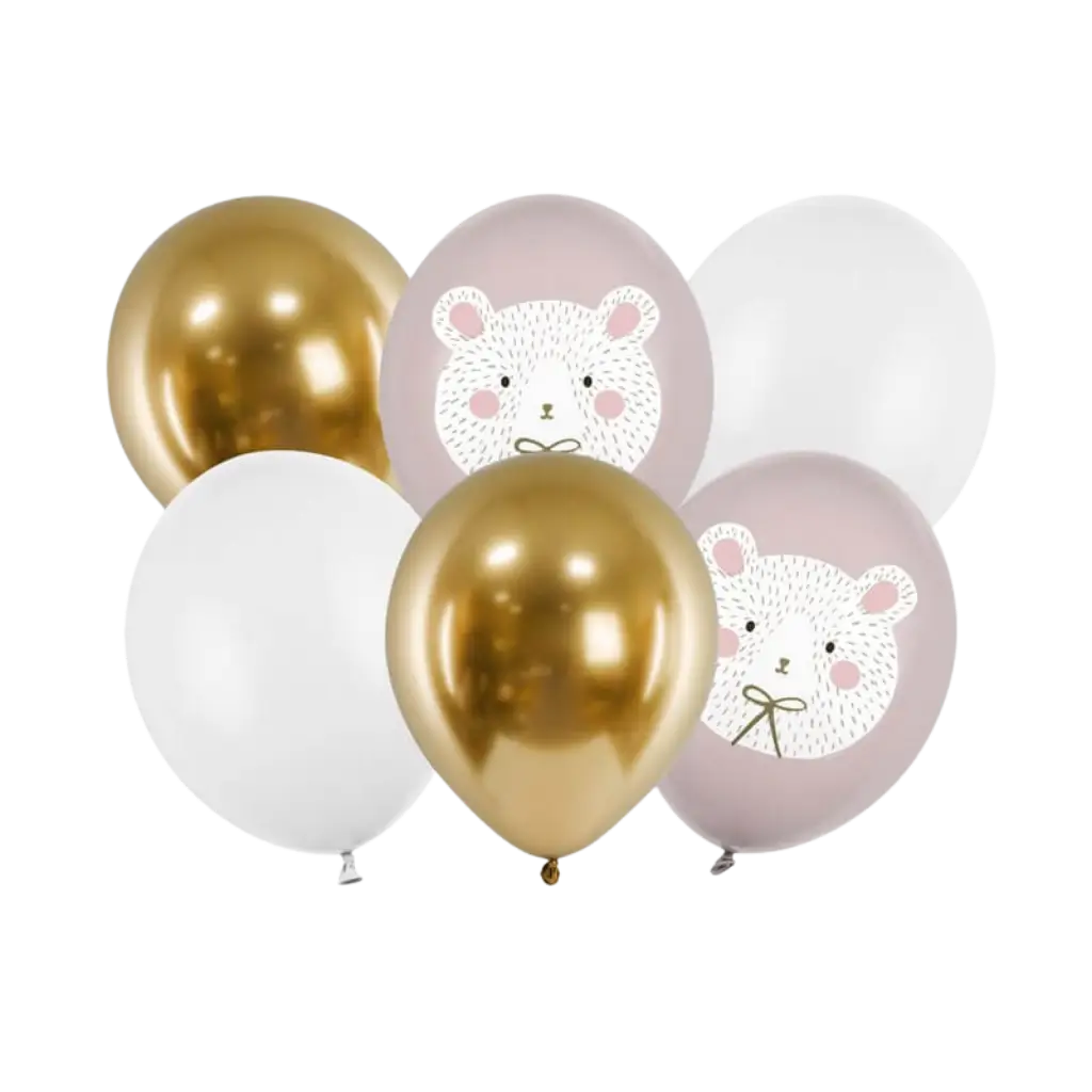 Set van 6 kerstballonnen met berenprint - Roze/Wit/Goud - 30cm