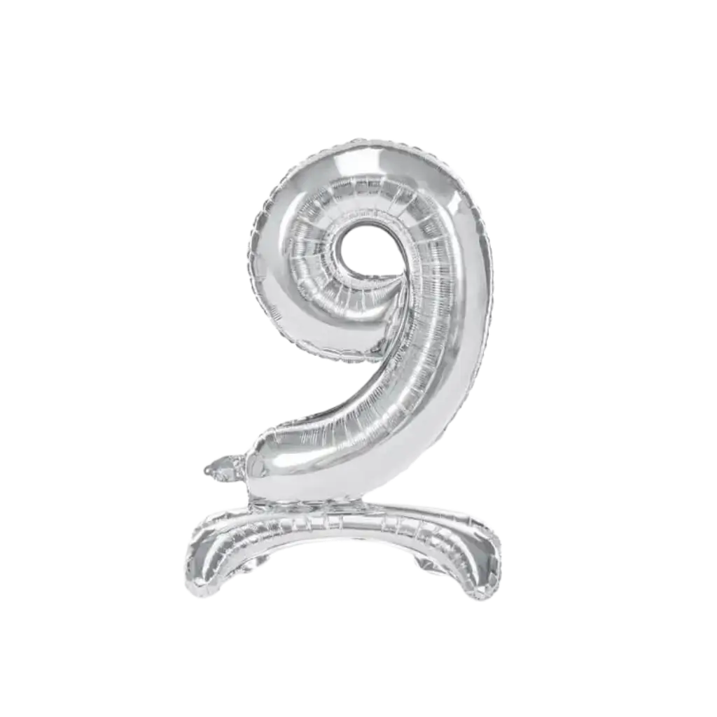 Nummer 9 verjaardagsballon + zilveren standaard 70cm