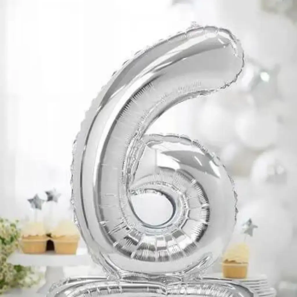 Nummer 6 verjaardagsballon + zilveren standaard 70cm