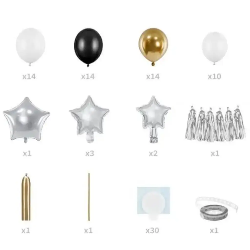 Gouden en zwarte ballonboog + zilveren sterren - 167x135cm