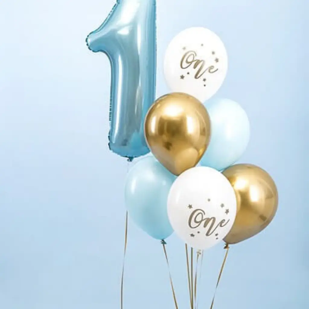 Set van 6 1e Verjaardag Ballonnen - Blauw/Wit/Goud - 30cm