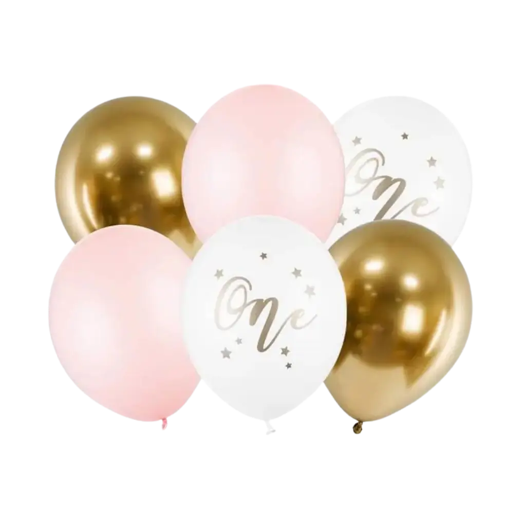 Set van 6 1e Verjaardag Ballonnen - Roze/Wit/Goud - 30cm