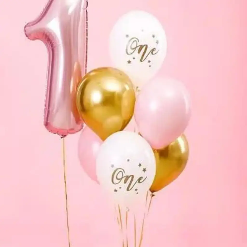 Set van 6 1e Verjaardag Ballonnen - Roze/Wit/Goud - 30cm