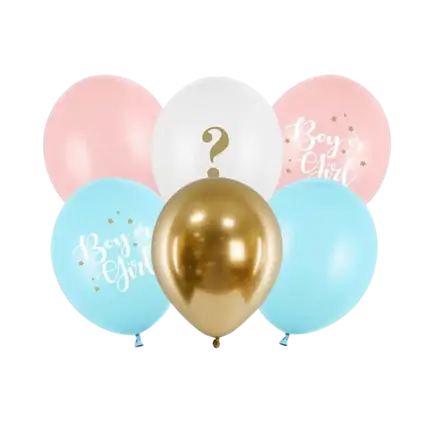 Set van 6 Meisje of Jongen Ballonnen Blauw/Roze/Goud - 30cm