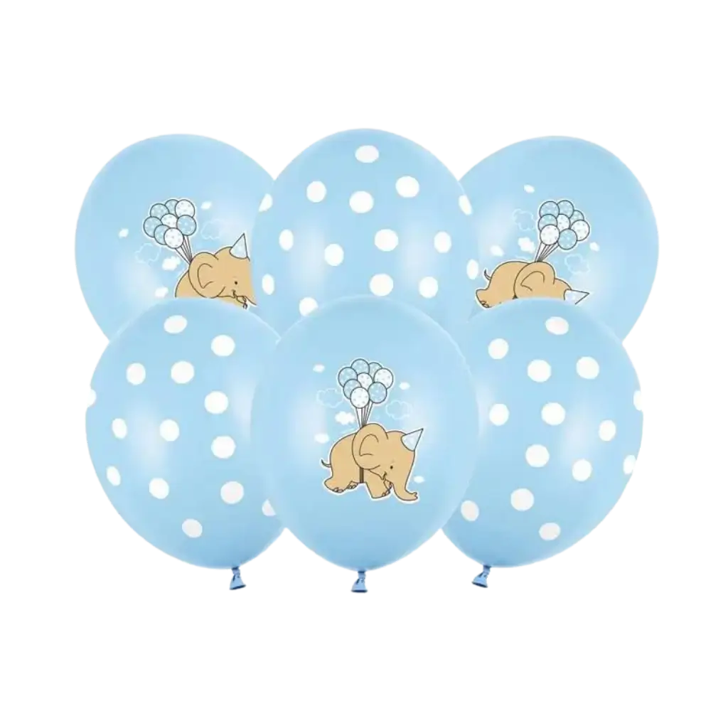 Set van 6 Blauwe Ballonnen - Witte Stippen/Olifant - 30cm