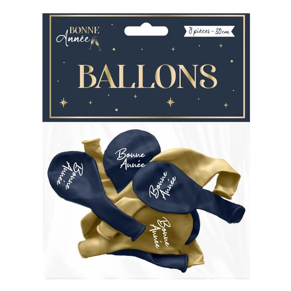 30cm marineblauw/goud "Gelukkig Nieuwjaar" ballonnen - set van 8