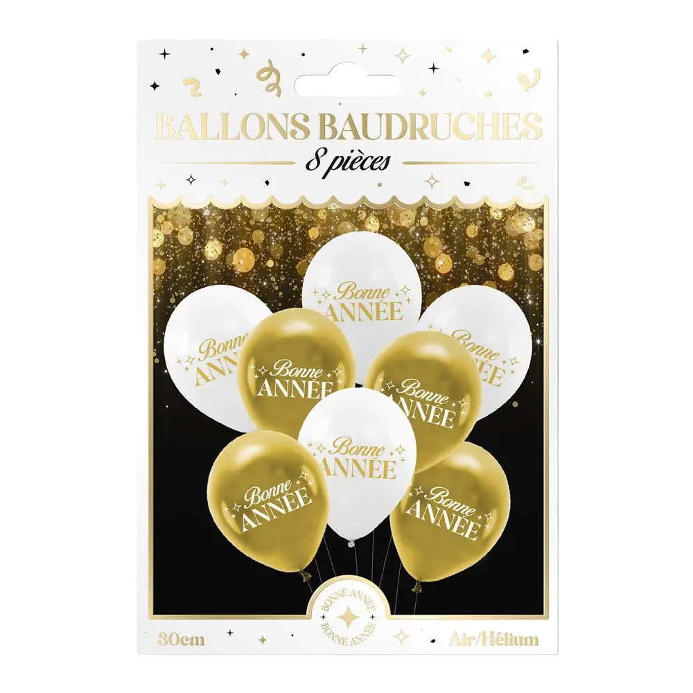 Ballonnen “Gelukkig nieuwjaar” Wit / Goud 30 cm – Set van 8