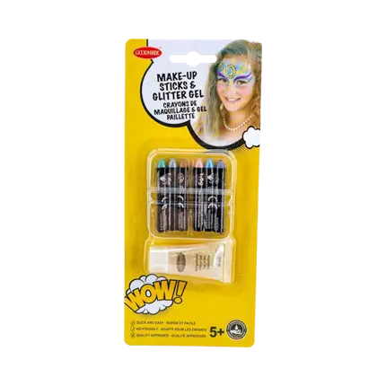 6 vette make-uppotloden met pareleffect en een tube glittergel