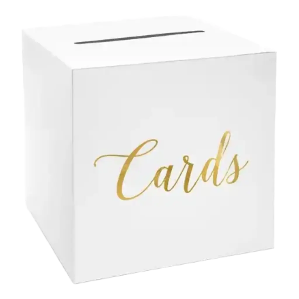 Wit papieren urn met gouden "Cards" inscriptie