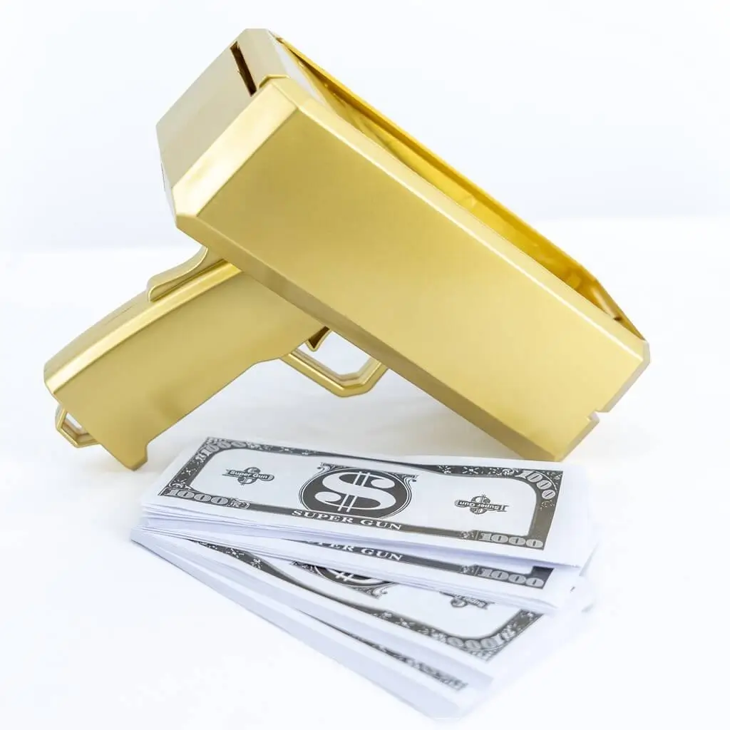 Bankbiljettenpistool - gouden kleur - inclusief 100 valse bankbiljetten