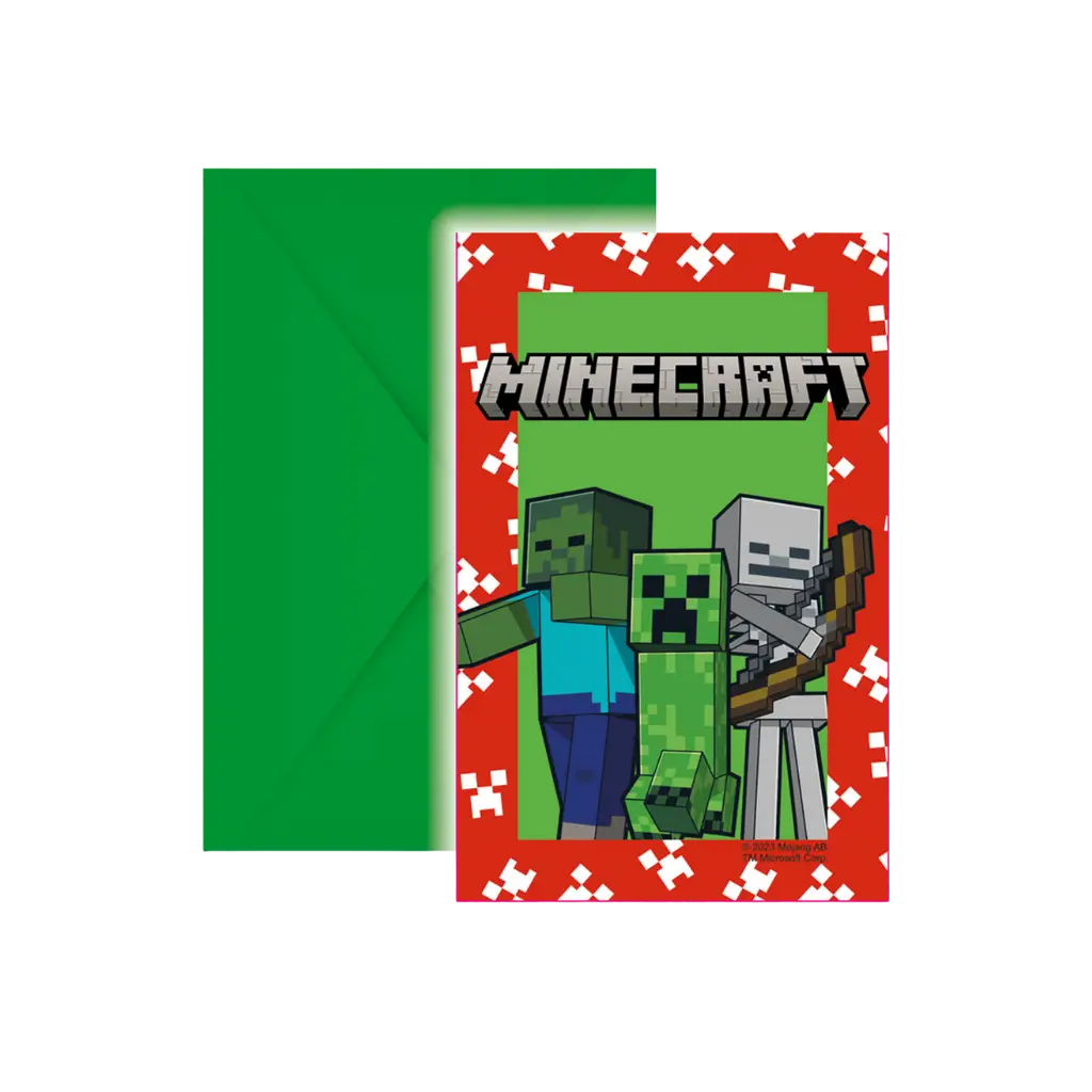 Minecraft uitnodigingskaart & envelop - Set van 6