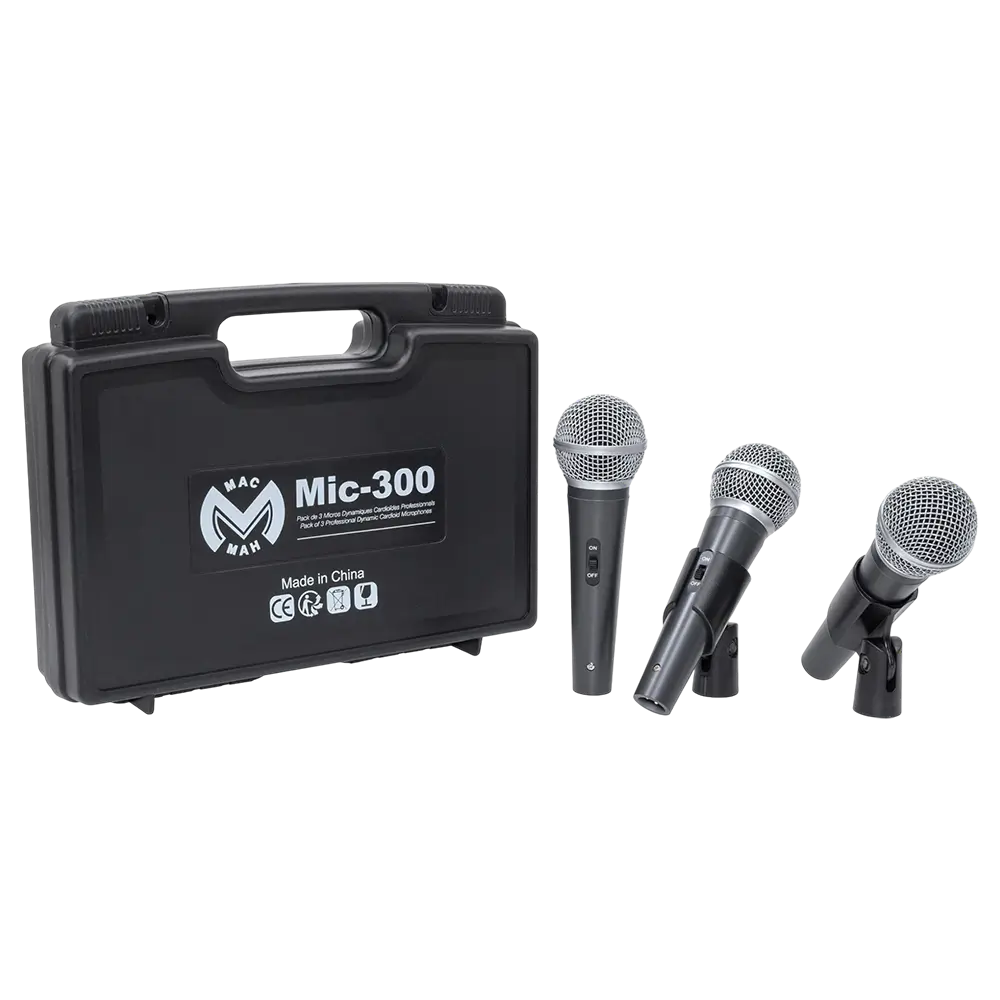 Dynamische microfoon "MIC 300" Mac Mah – Set van 3 bedrade microfoons met koffer, klemmen, supercardioïde, XLR