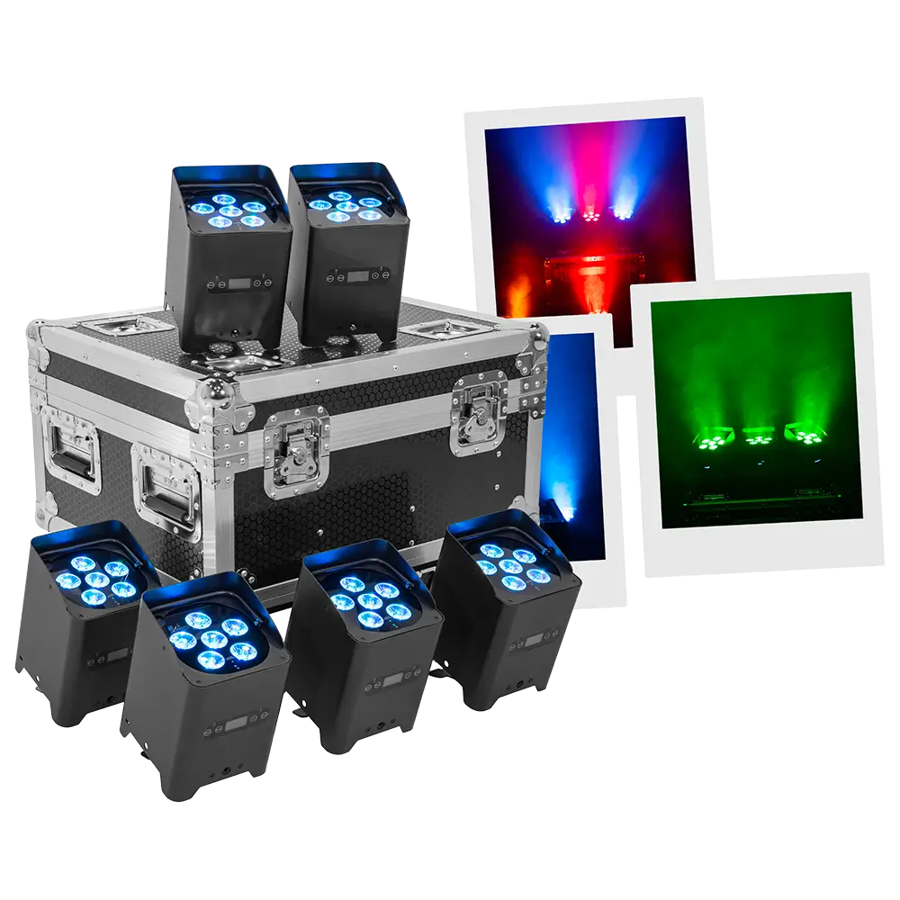 LED-projectoren "IZY Glow Set" Mac Mah – 6×15W RGBWA-UV, draadloze DMX, oplaadbaar