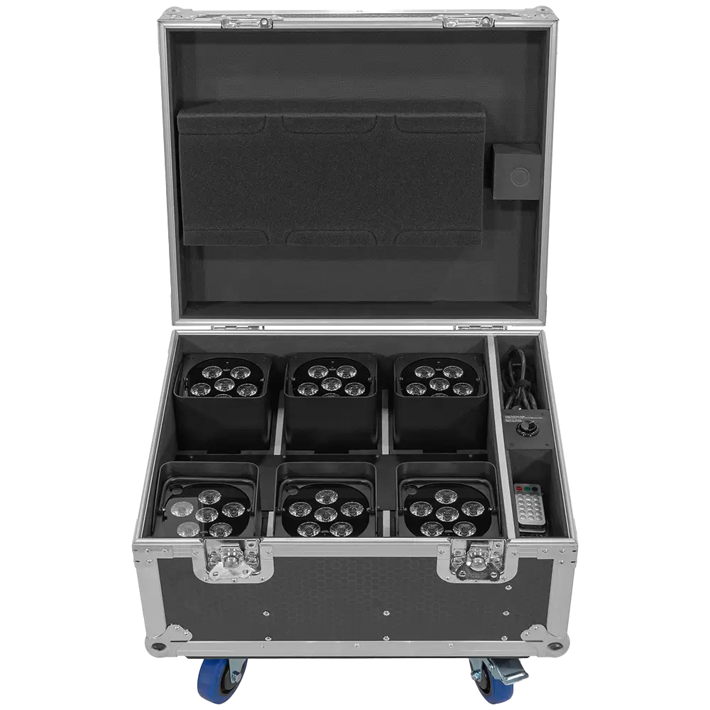 LED-projectoren "IZY Glow Set" Mac Mah – 6×15W RGBWA-UV, draadloze DMX, oplaadbaar