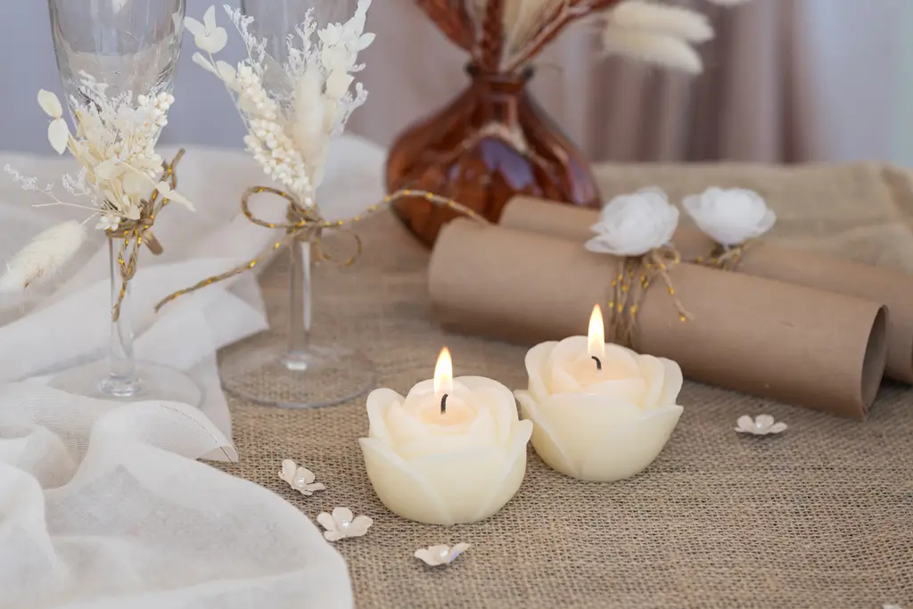 Bloemkaars met gebeeldhouwde roos - Ivoor