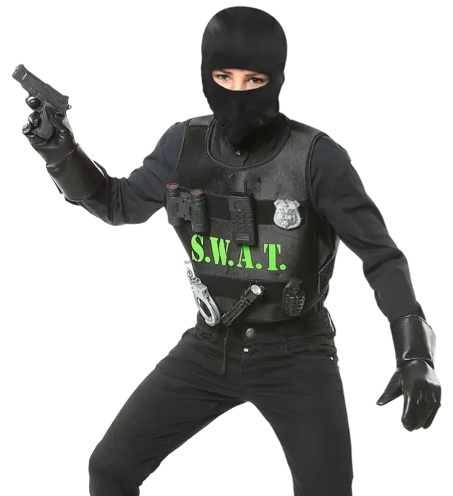 "SWAT (kogelvrij vest, badge, pistool, handboeien, radio, zaklamp, granaat, verrekijker)