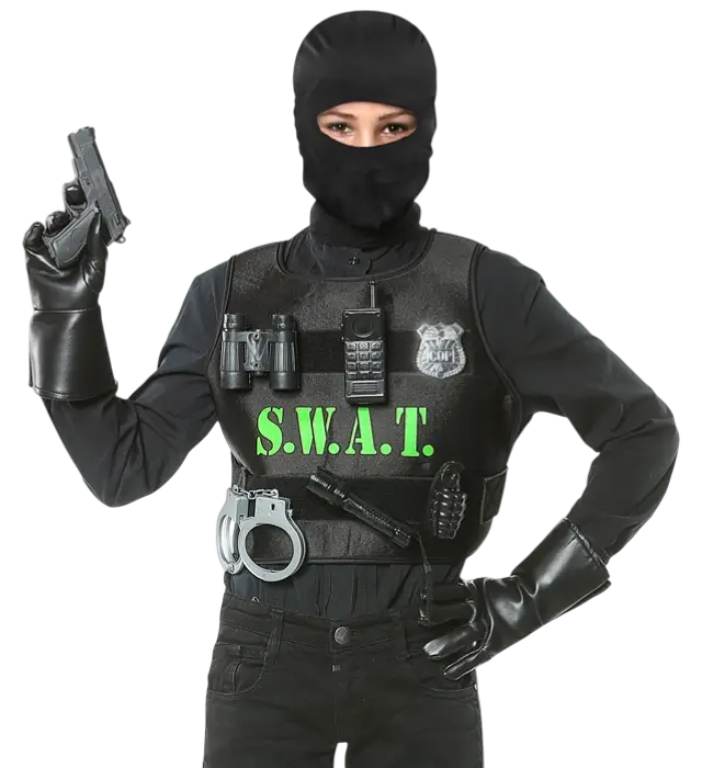 "SWAT (kogelvrij vest, badge, pistool, handboeien, radio, zaklamp, granaat, verrekijker)