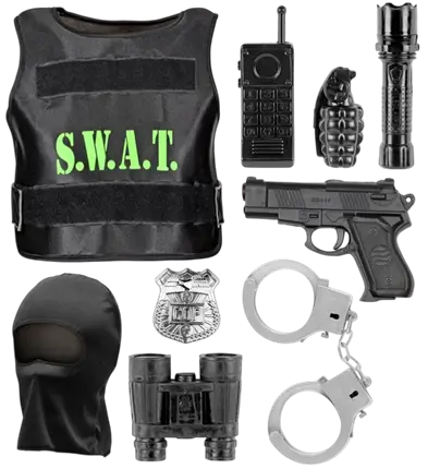 SWAT (kogelvrij vest, badge, pistool, handboeien, radio, zaklamp, granaat, verrekijker)