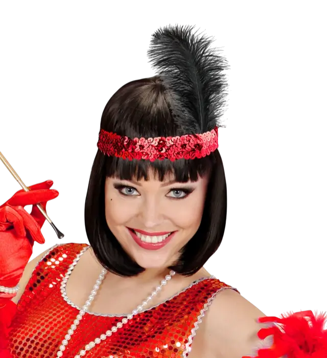 Charleston Haarband Rood met Pailletten en Veren Vintage – Accessoire Jaren 20