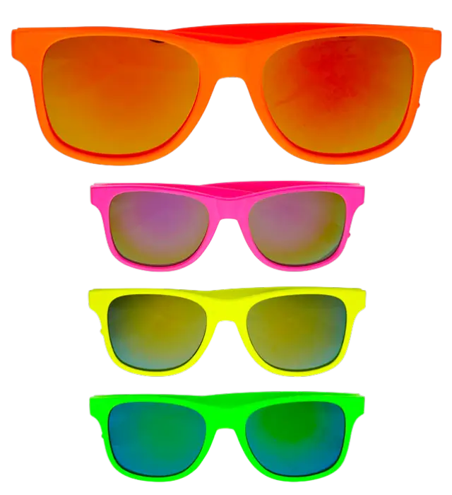 Neon Jaren 80 Bril met Revo Lenzen – 4 Assorti Kleuren – Disco Kostuum Accessoire